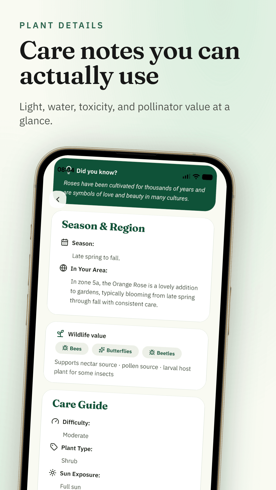 Pocket Botanist plant details screenshot showing season, region, wildlife value, and care notes