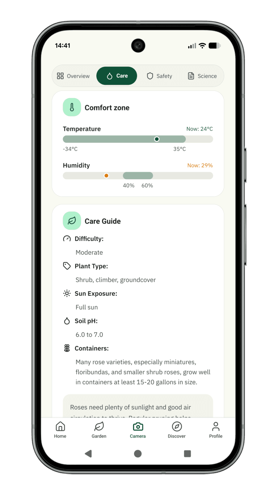 Pocket Botanist plant details screenshot showing season, region, wildlife value, and care notes
